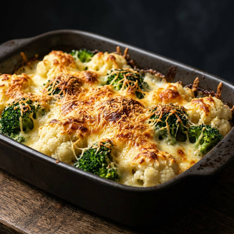 Legumes gratinados com dois queijos