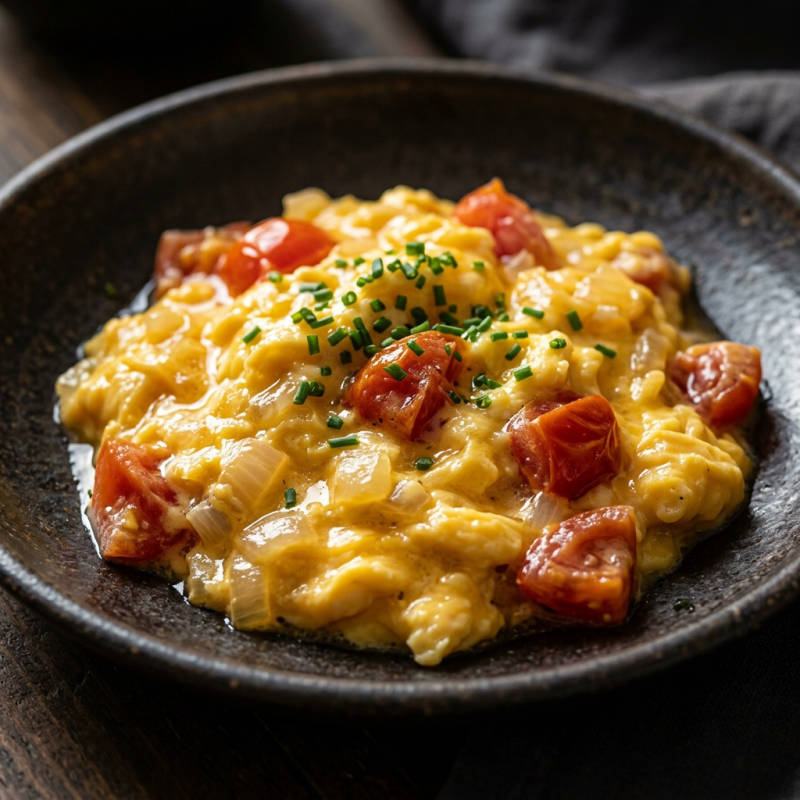 Ovos mexidos com tomate e cebola
