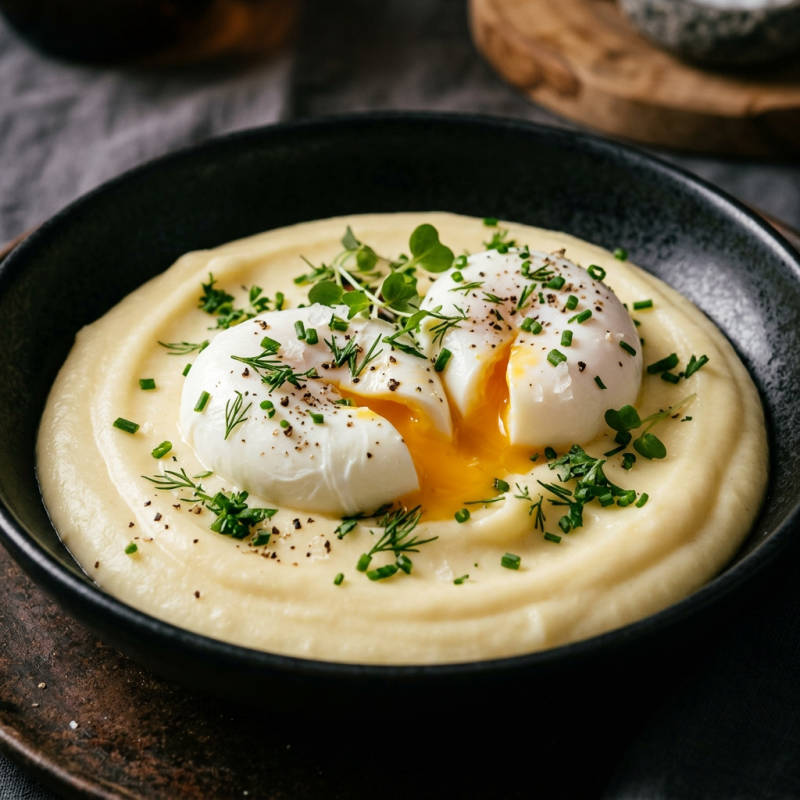 Ovos poché sobre purê de batata