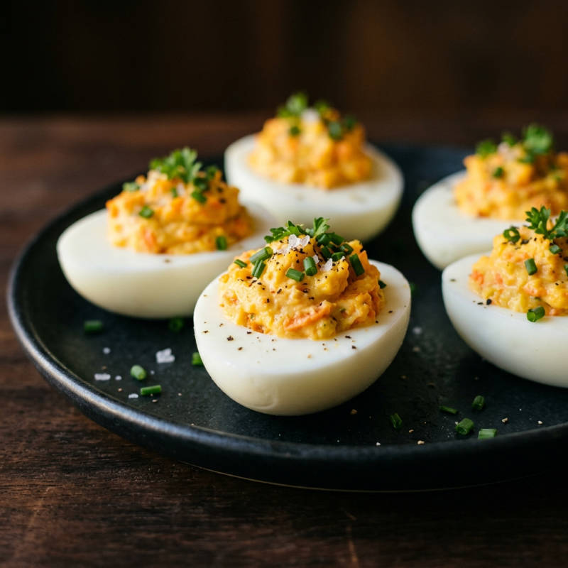 Ovos recheados com legumes picados