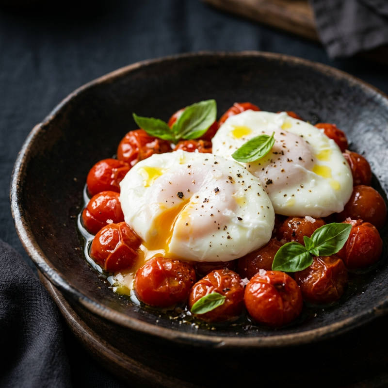 Ovos pochê com tomate-cereja e manjericão