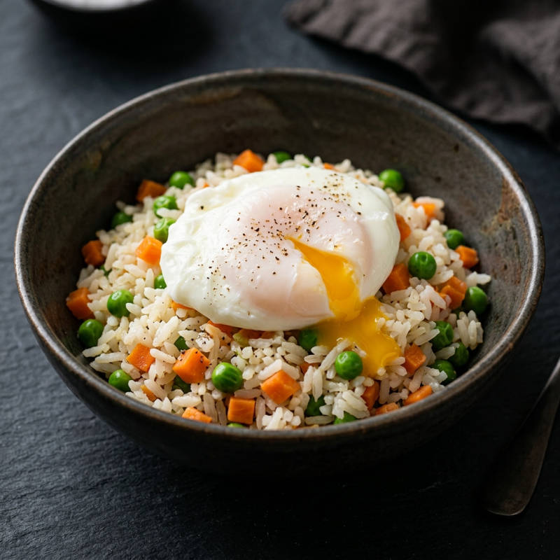 Ovo pochê sobre arroz com legumes