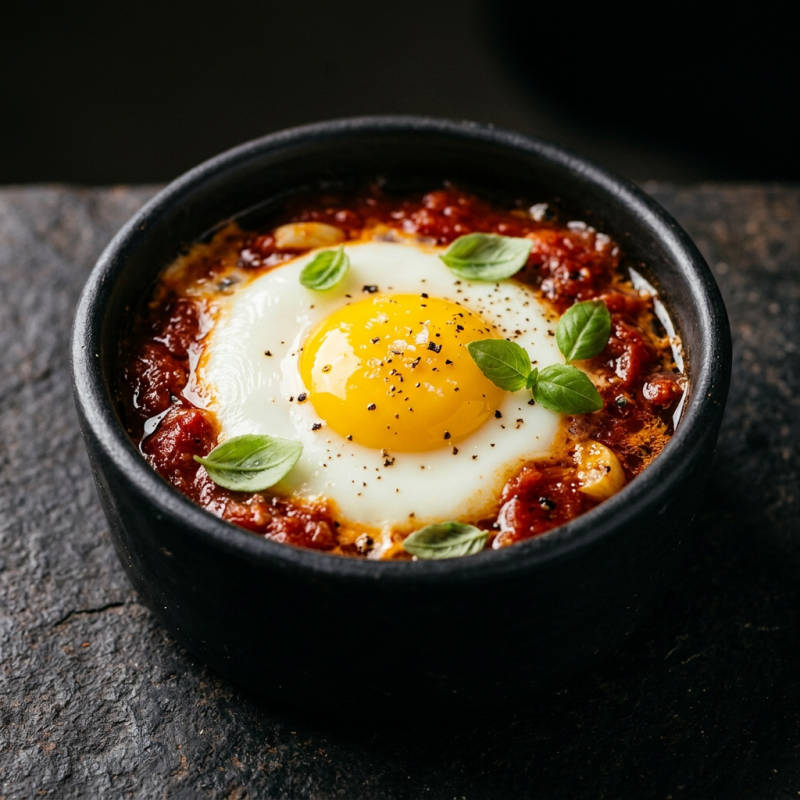 Ovo em cocotte com tomate e manjericão