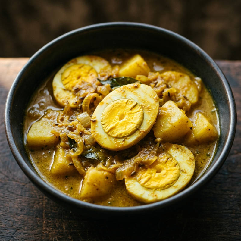 Ovos cozidos com curry e batata