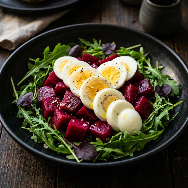 Salada de ovo cozido com beterraba e rúcula