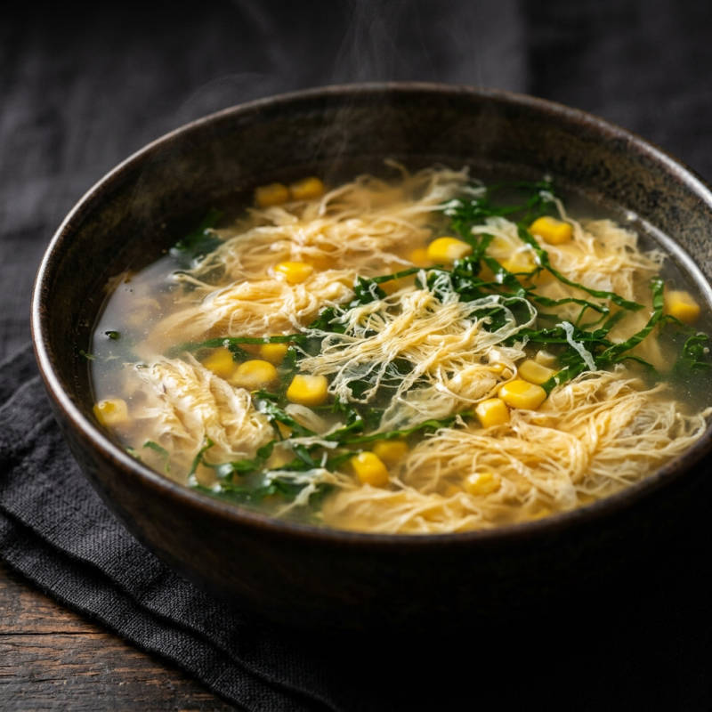 Sopa de ovo em fio com couve e milho