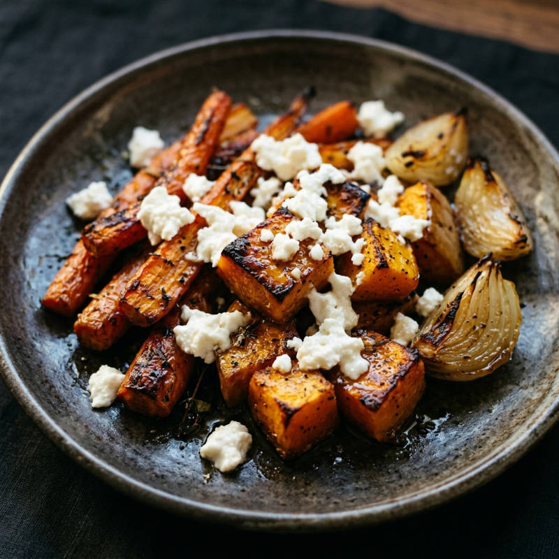 Legumes assados com queijo branco esfarelado