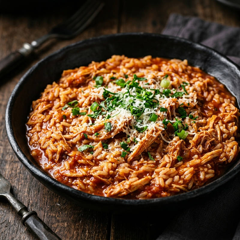 Arroz de frango desfiado ao molho de tomate