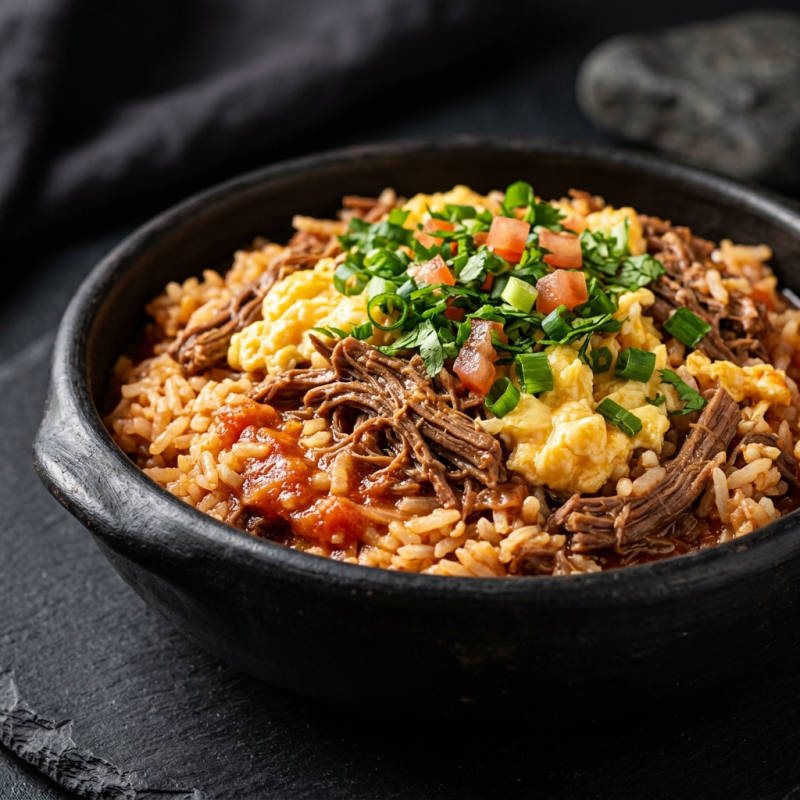 Arroz mexido com carne desfiada e ovo