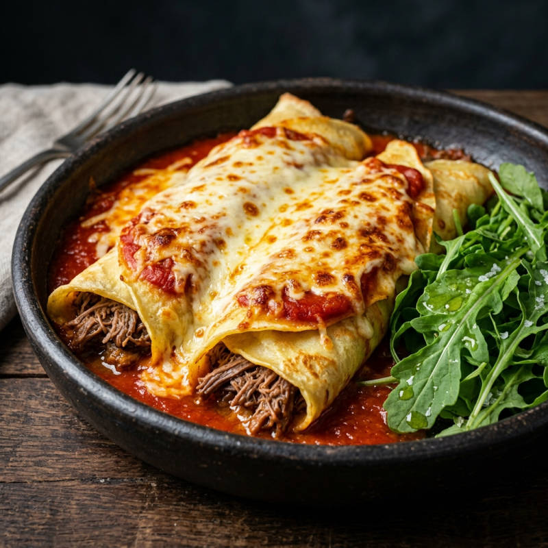 Panqueca de carne desfiada com molho de tomate