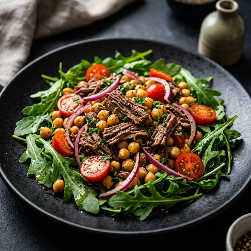 Salada morna de carne desfiada com grão-de-bico