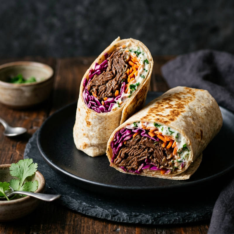 Wrap de carne desfiada com repolho roxo e iogurte