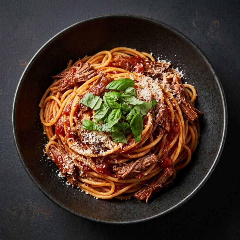 Espaguete ao molho de tomate com carne desfiada