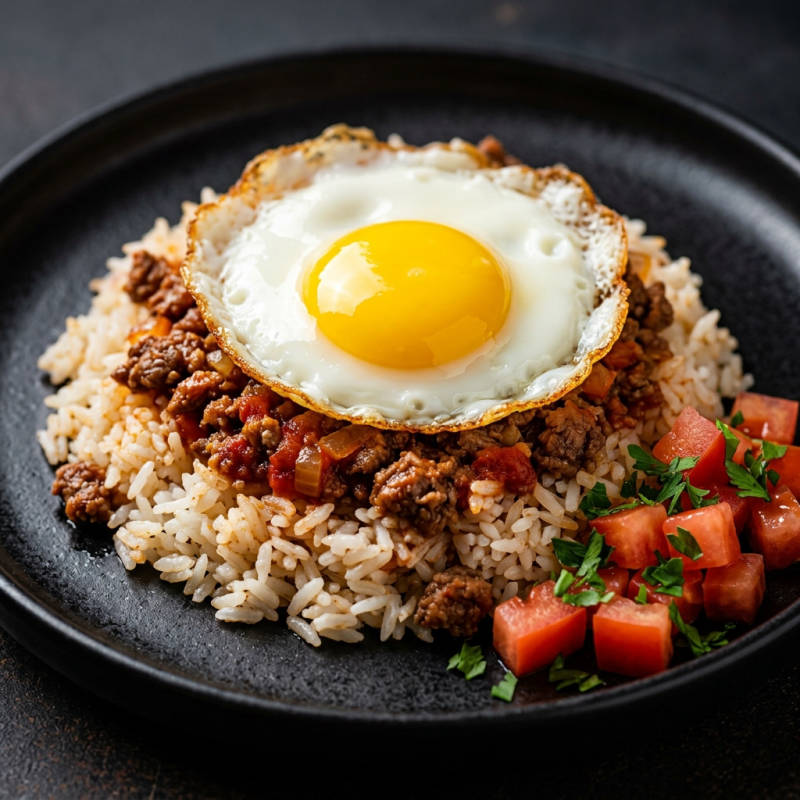 Arroz com carne moída e ovo frito