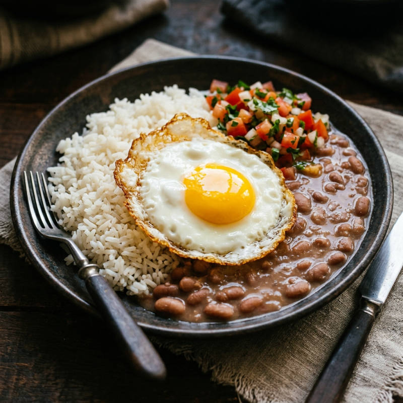 Prato feito de feijão, arroz e ovo frito com vinagrete