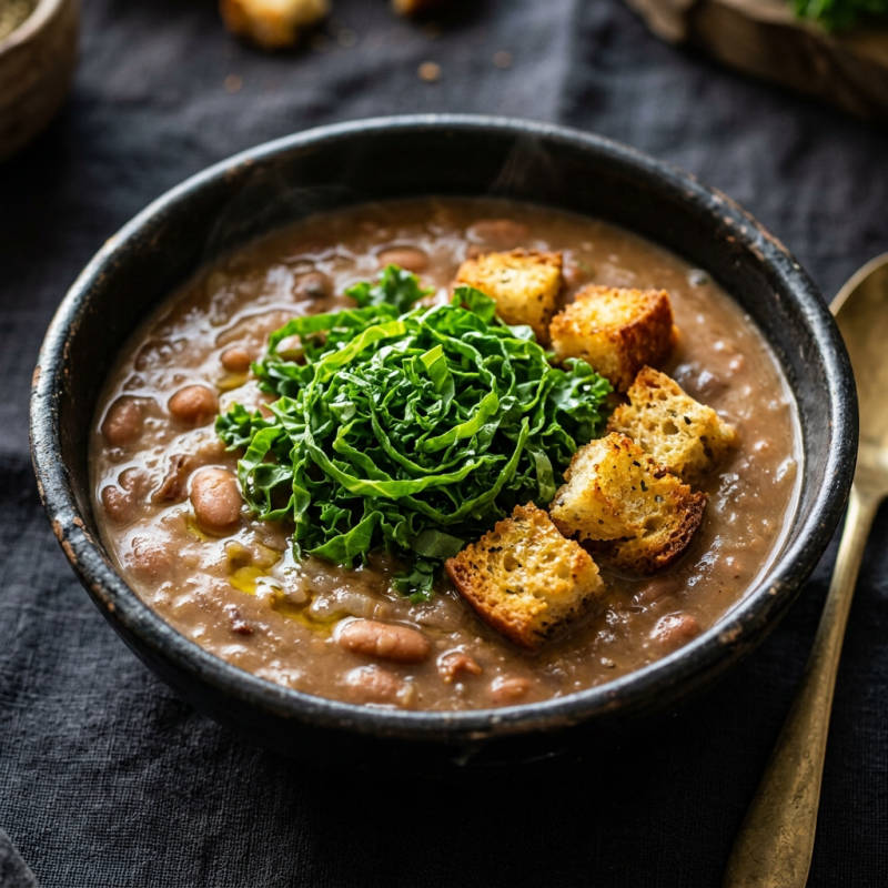 Sopa de feijão carioca com couve e torradas de pão