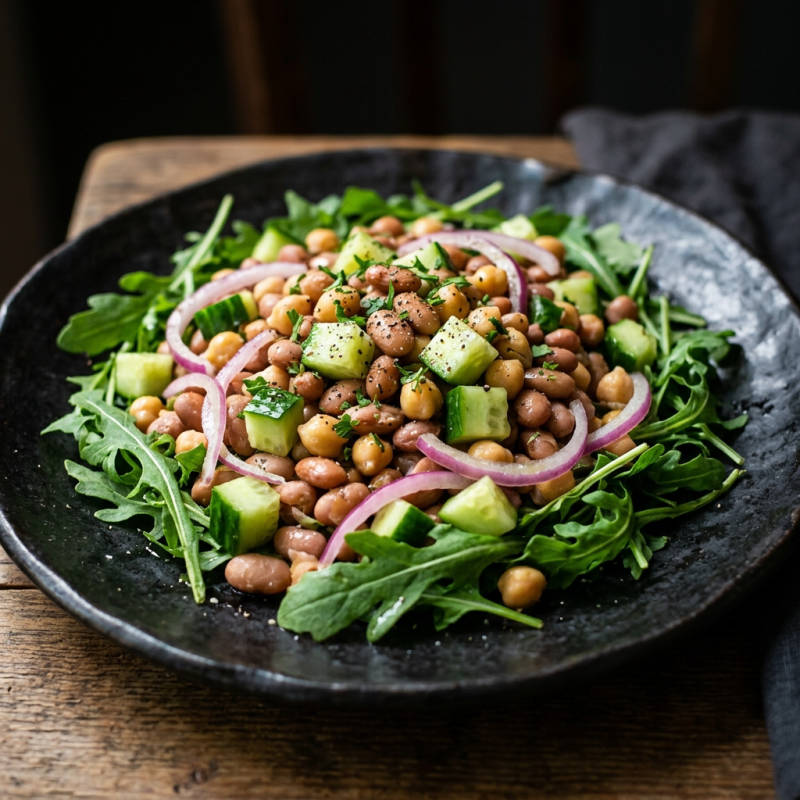Salada morna de feijão carioca com grão-de-bico e pepino