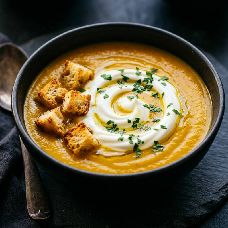 Sopa de legumes assados com iogurte e torradas
