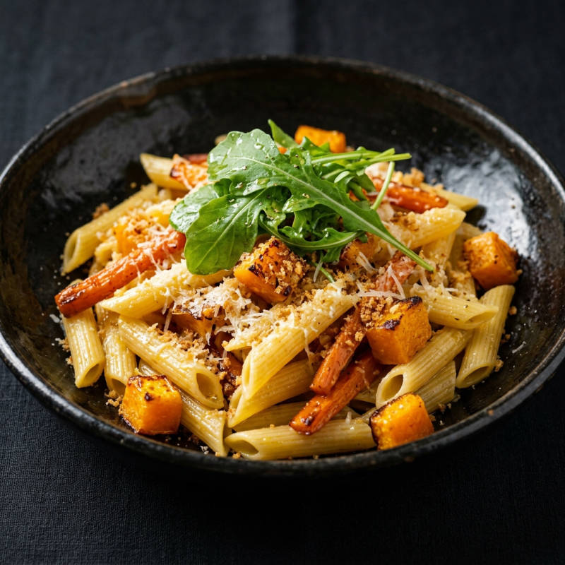 Penne com legumes assados, parmesão e rúcula