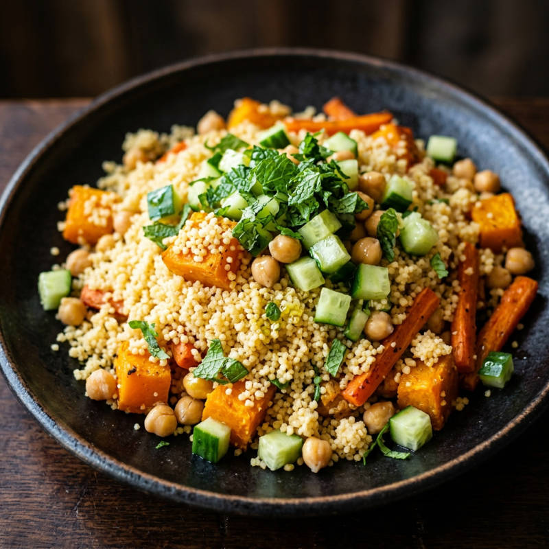 Cuscuz marroquino com legumes assados e grão-de-bico