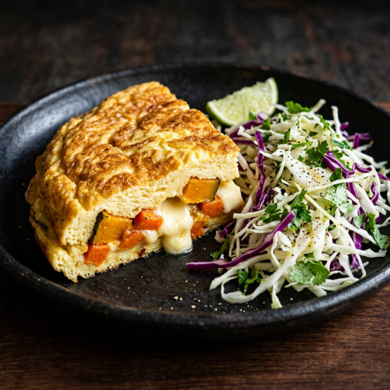 Omelete de legumes assados com queijo minas e salada de repolho