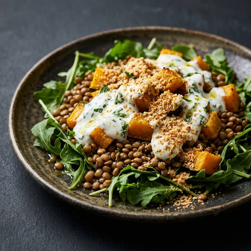 Salada morna de abóbora assada e lentilha com molho de iogurte