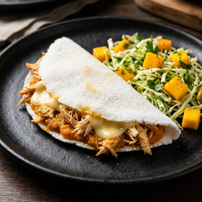 Tapioca de frango desfiado e abóbora assada com salada de manga