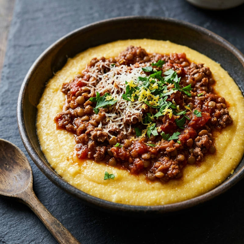 Ragu de carne moída e lentilha sobre polenta
