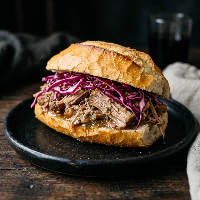 Sanduíche de pernil desfiado com repolho e mostarda