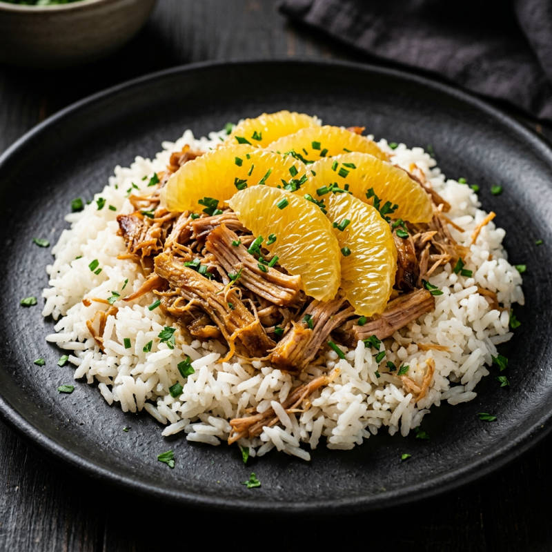 Arroz com suína desfiada e laranja
