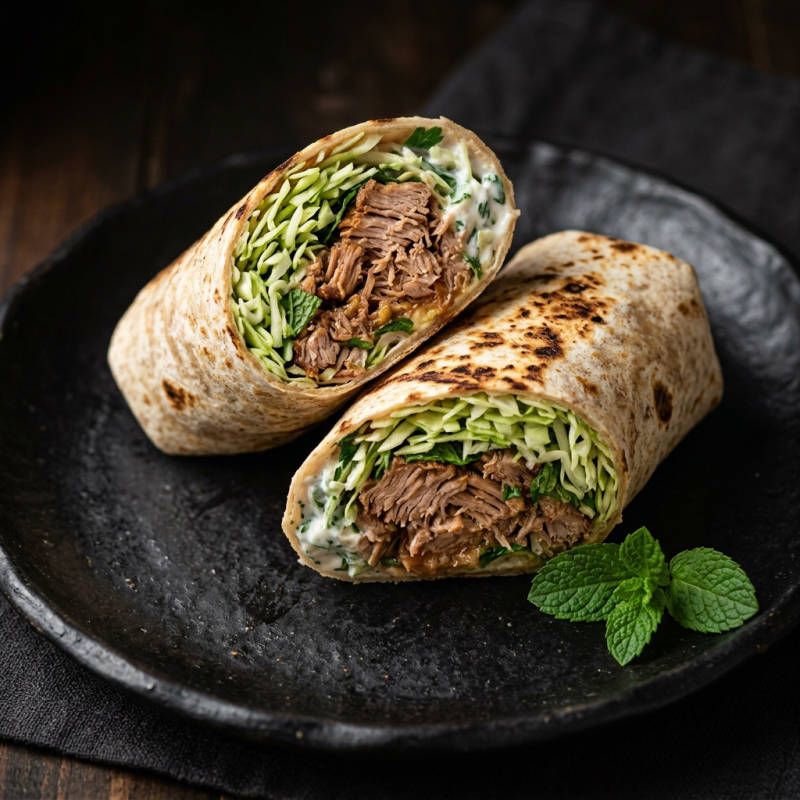 Wrap de suína desfiada com salada de repolho e iogurte