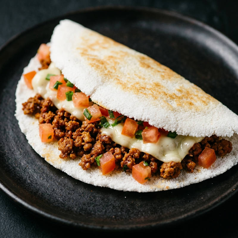 Tapioca de soja refogada com queijo minas e tomate