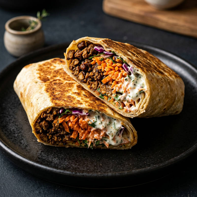 Wrap de soja refogada com cenoura ralada e iogurte