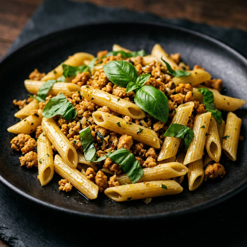Penne com soja refogada e manjericão