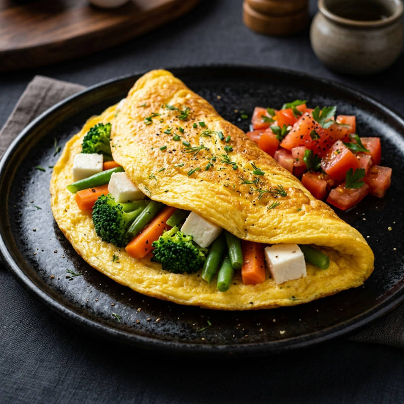 Omelete com legumes no vapor e queijo branco