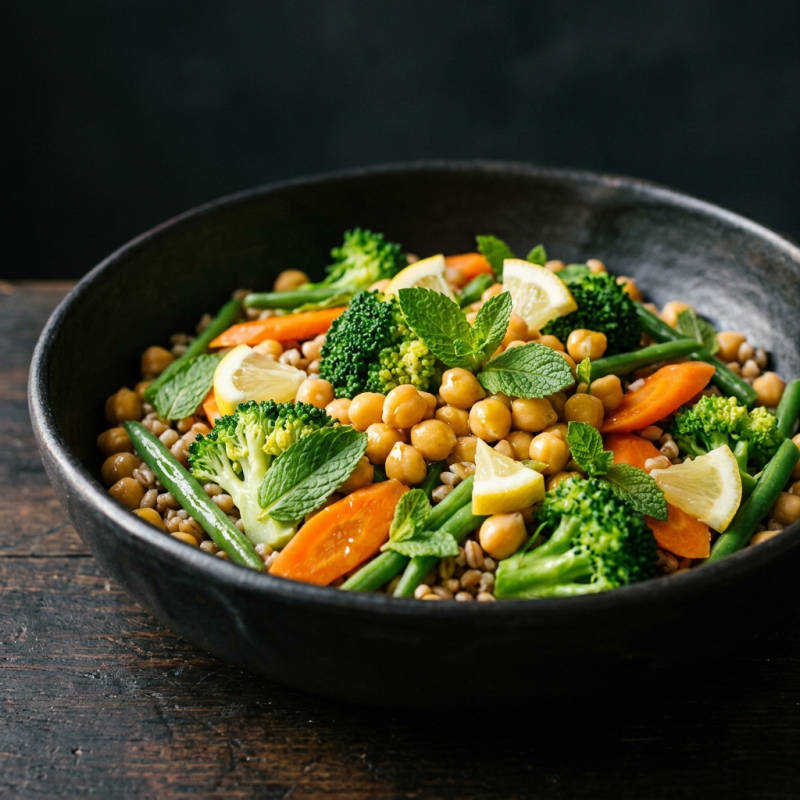 Salada morna de legumes no vapor com grão-de-bico e limão