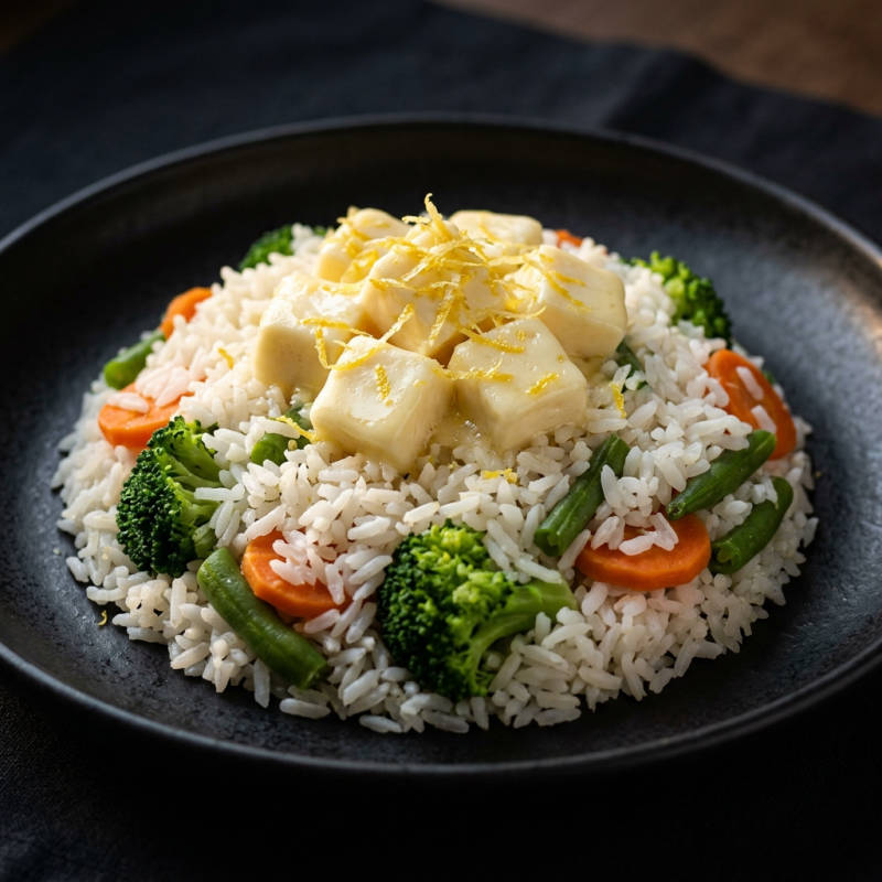 Arroz com legumes no vapor e queijo minas