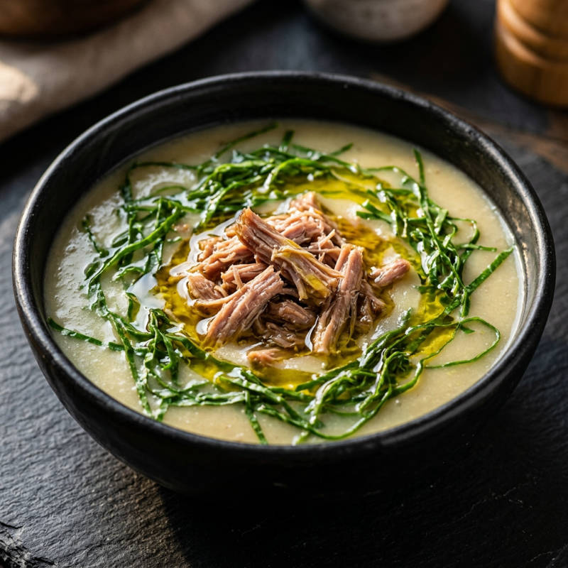 Caldo verde com suína desfiada