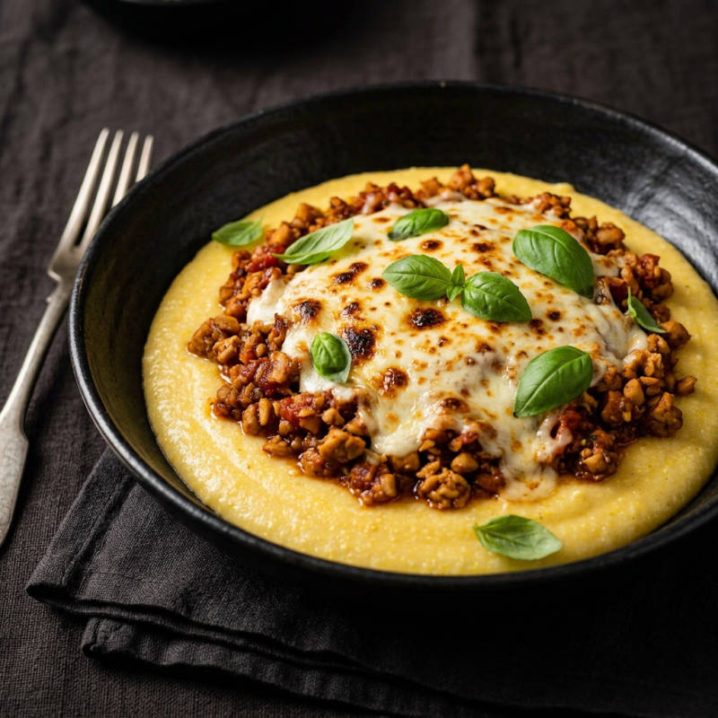Polenta cremosa com soja refogada e queijo gratinado